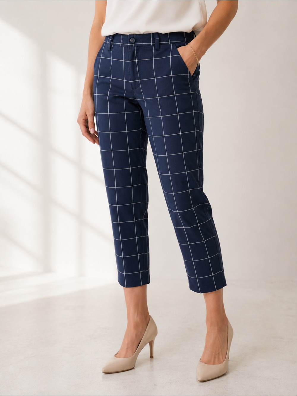 GAP Slim City Crop Pants Navy Windowpane Plaid Womens 4R Career‎